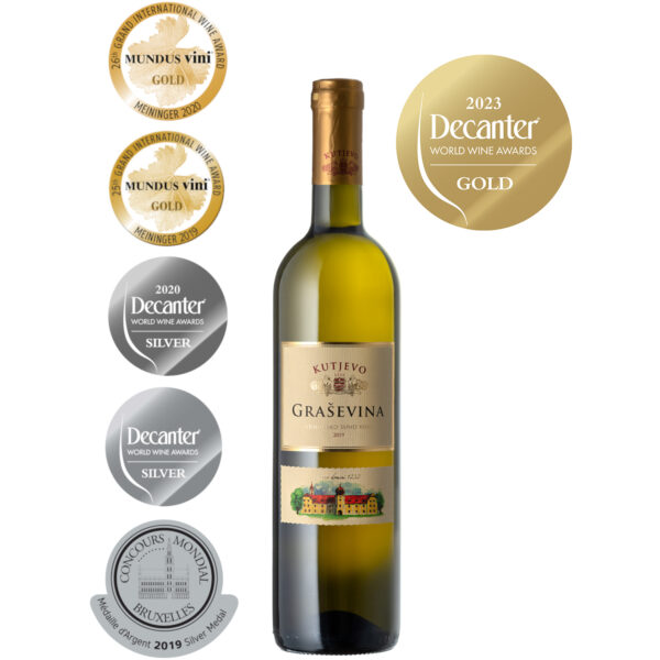 Decanter 2023 Zlatna medalja DWWA! Graševina Kutjevo Vrhunska 0,75 l -pretstavlja prvo visokokvalitetno vino kontinentalne Hrvatske. Vino zlatno žute boje sa zelenkastim notama, skladne herbalne i voćne aromatike, profinjen i pun okus, bogat ekstraktom koji završava karakterističnom i blagom gorkost.