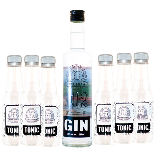 Gin 102 Free Spirit 0,5 l + 6 kom Tonic Free Spirit 0,195 l Međimurj Domaći Gin: Borovnica, korijander, kamilica, korijen Anđelike, korice naranče, limuna čine bogatu aromu kojoj ćete se rado vraćati! Žitni Destilat, voda Free Spirit Tonic Gazirano osvježavajuće bezalkoholno piće s dodatkom šečera #kupujmohrvatsko Naruči dostavu odmah ili zakaži narudžbu na željeni dan i vrijeme