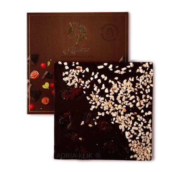 Tamna čokolada s brusnicama i lješnjacima 100 g Hedona Artisan Chocolates 70% Hedona Artisan Chocolates - Hand made - Ručno rađeno Tamna čokolada s brusnicama i lješnjacima 100 g. Hedona Tamna čokolada: kakaovi dijelovi: 70% min.. Proizvedeno u Hrvatskoj . #kupujmohrvatsko Naruči sigurnu dostavu online Hedona Chocolateria, artisan and craft chocolate and pralines