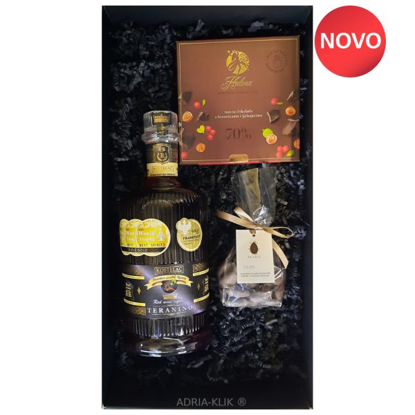 Unikatni Premium poklon paket sadrži: Teranino Royal Luxury Prestige 0,7 l Kostelac Tamna čokolada 70% s Brusnicama i Lješnjacima 100g. Hedona Artisan Chocolates Dalmatinski Bademi u Tamnoj čokoladi OPG Škarić Mat crna poklon kutija s punjenjem/dekoracijom i prozorom Proizvedeno u Hrvatskoj #Kostelac #OPGŠkarić #Hedona